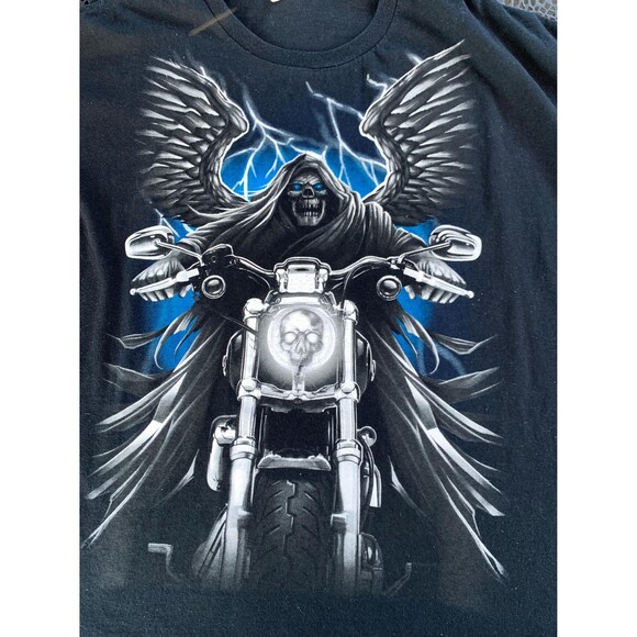 Vintage Y2K Black biker skull shirt with angel wings and lightning bolt Size 3XL - Picture 2 of 6